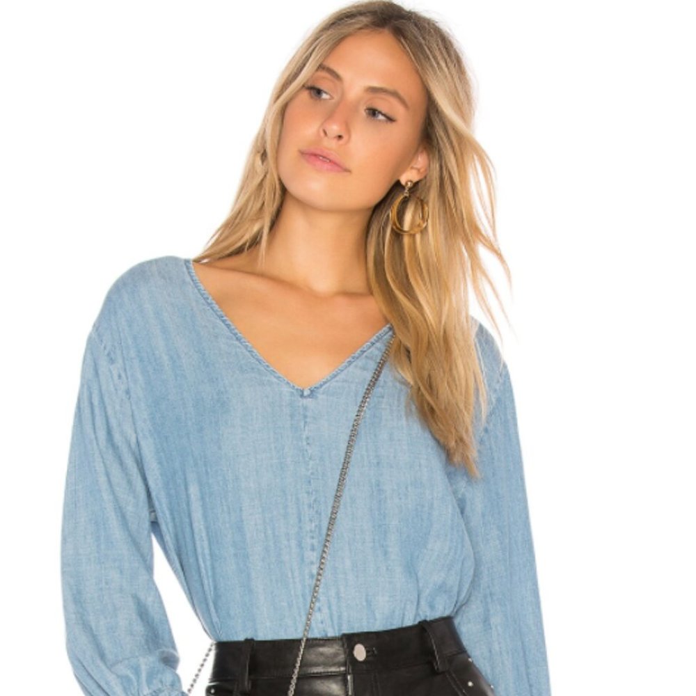 Rails Zimi Top -- Linen Blend Denim Blouse with Frayed Hem XS